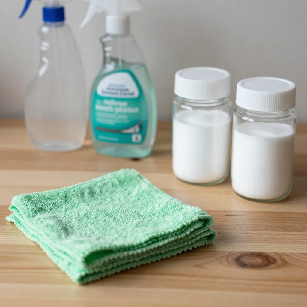 Natural cleaning ingredients arranged in laboratory style